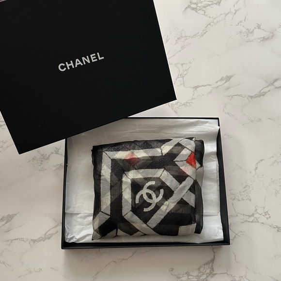 CHANEL Metallic Black & Cream Print Sheer Silk Scarf in Chanel Gift Box - Picture 14 of 16